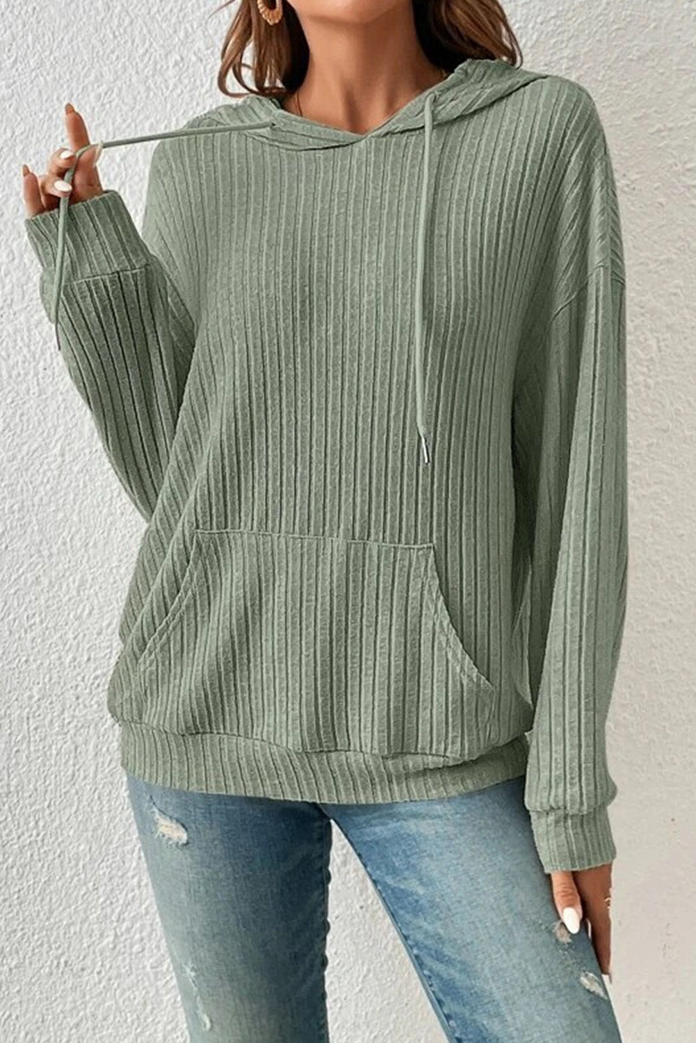 Green Pocket Wrinkle Drawstring Hooded Sweatshirt