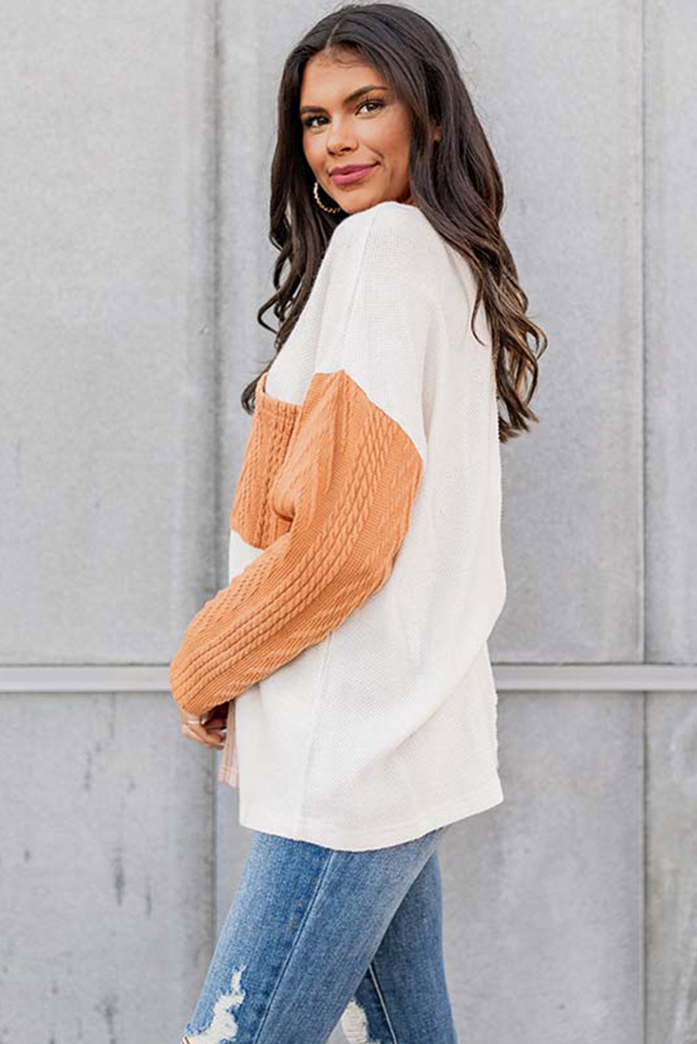 Peach Blossom Long Sleeve Patchwork Pocket Textured Knit Top