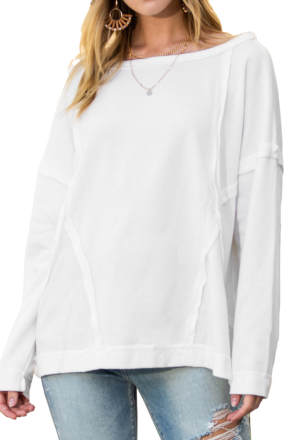 White Drop Shoulder Exposed Seam Oversized Sweatshirt