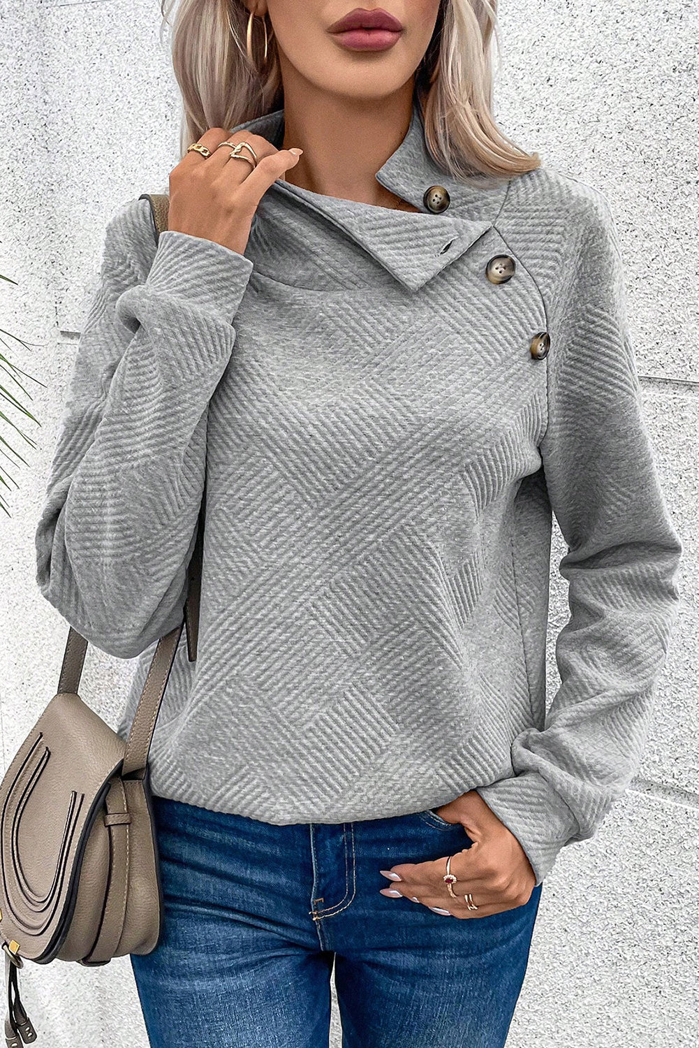 Black Solid Color Button Detail Textured Sweatshirt