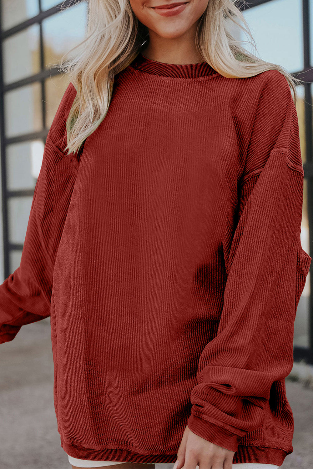 Apricot Drop Shoulder Ribbed Oversized Sweatshirt