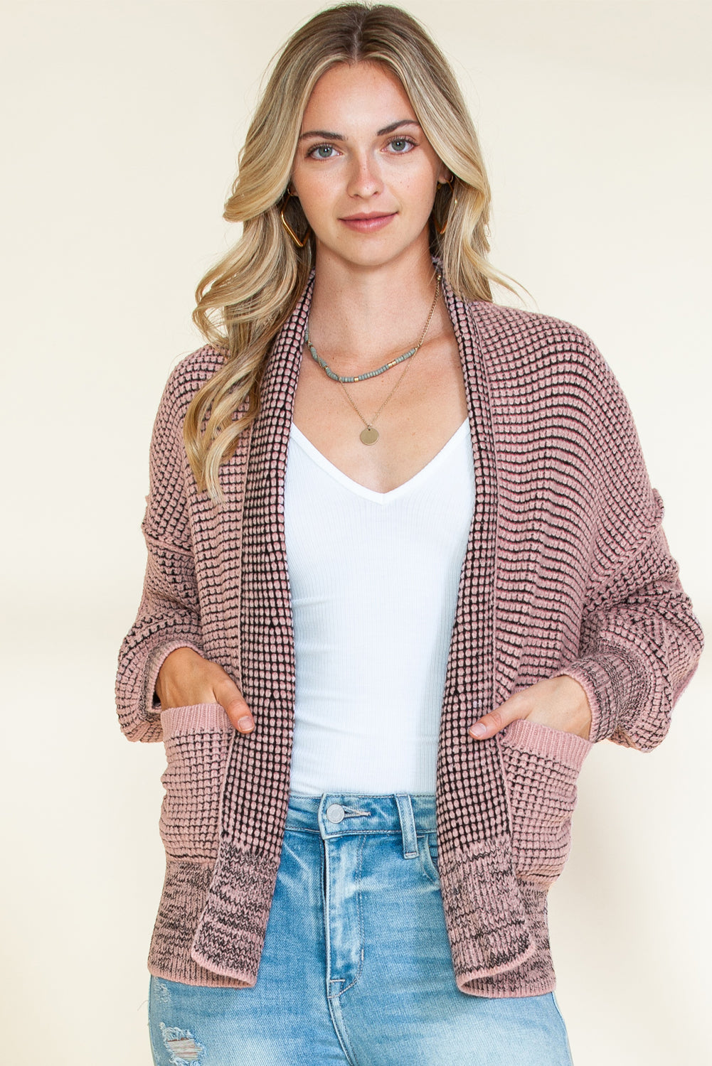 Black Chunky Knit Pockets Drop Sleeve Cardigan