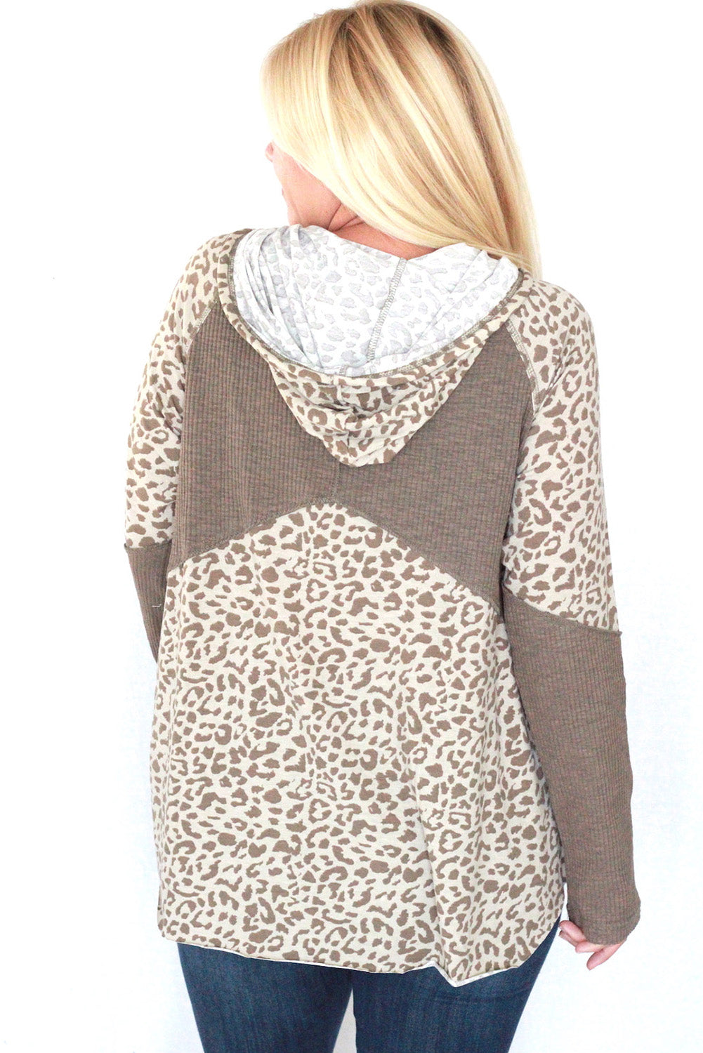 Leopard Ribbed Patchwork Kangaroo Pocket Henley Hoodie