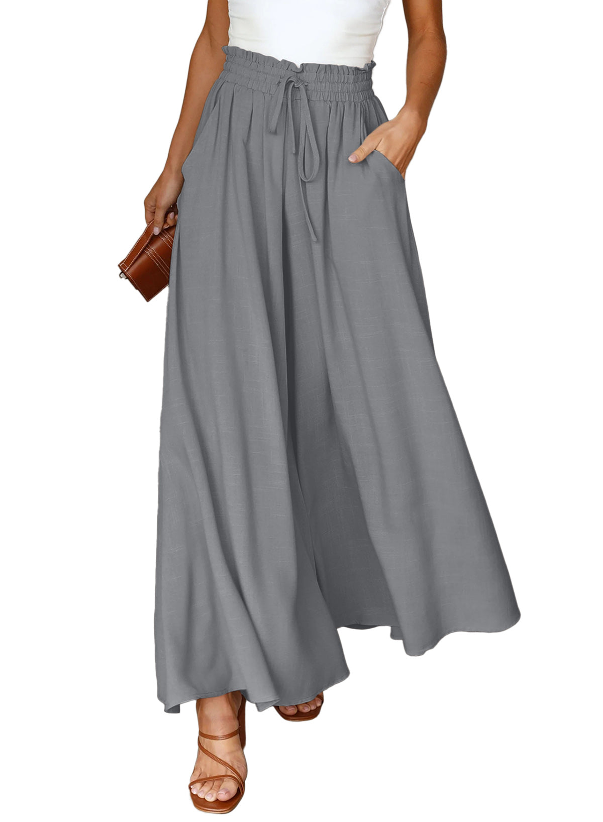 Gray Drawstring Smocked High Waist Wide Leg Pants