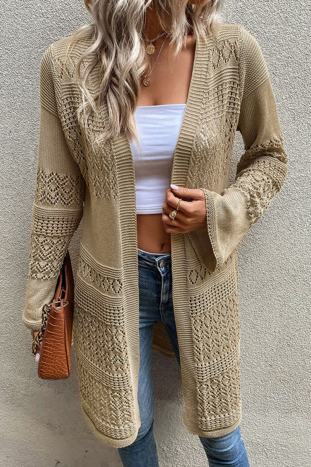 Khaki Pointelle Knit Open Front Long Cardigan