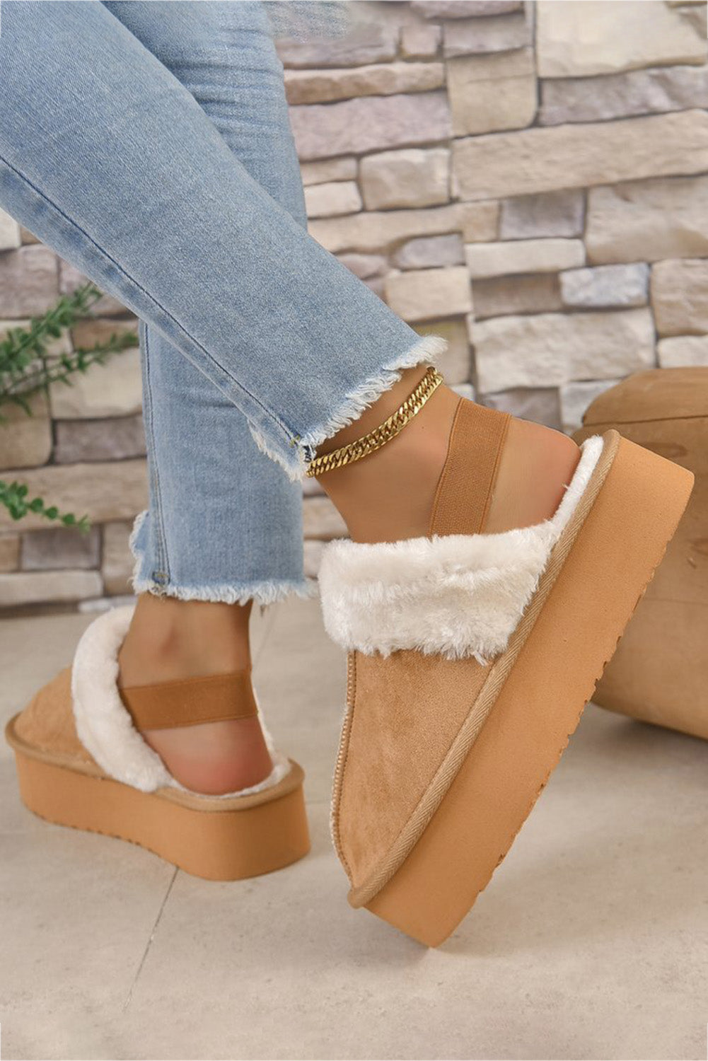 Light French Beige Suede Fluffy Slippers with Elastic Straps