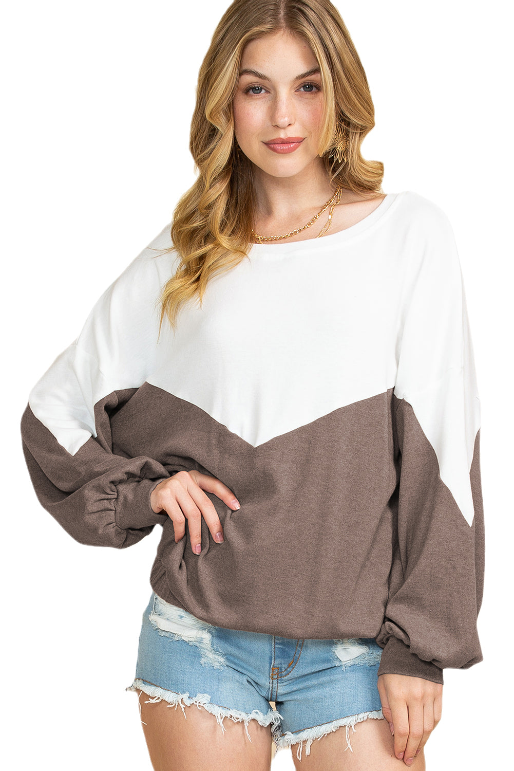 Khaki Colorblock Back Keyhole Elastic Hem Sweatshirt