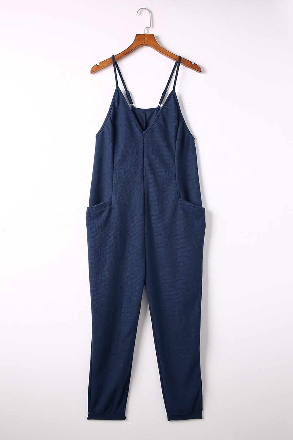 Black Textured Sleeveless V-Neck Pocketed Casual Jumpsuit