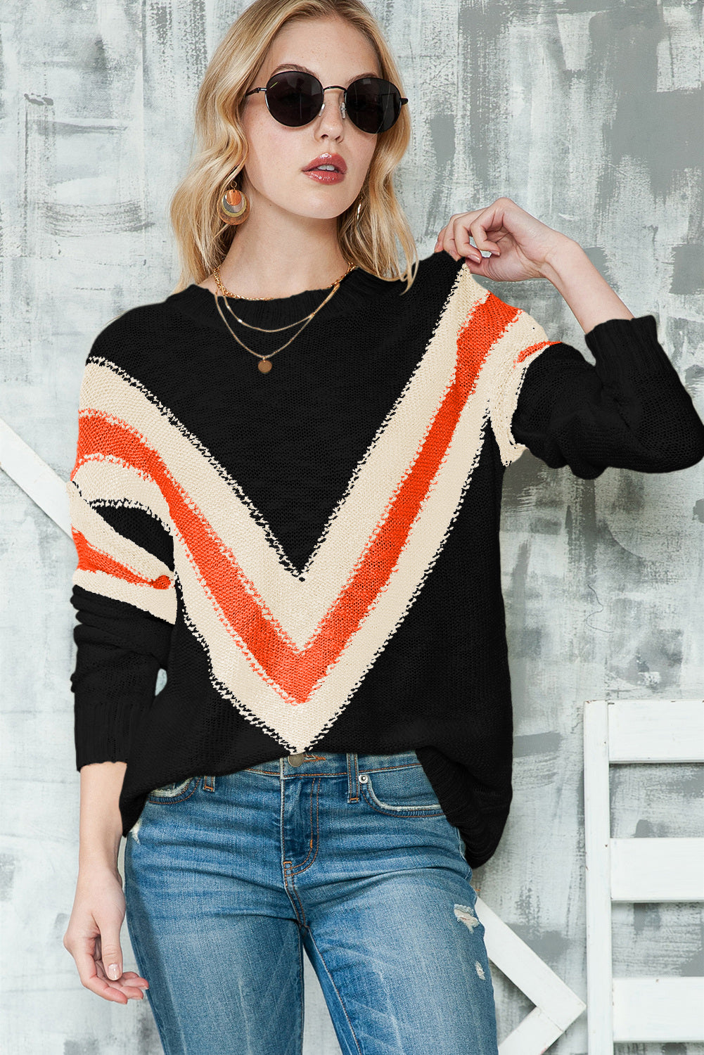 Chevron Striped Drop Shoulder Long Sleeve Pullover Sweater