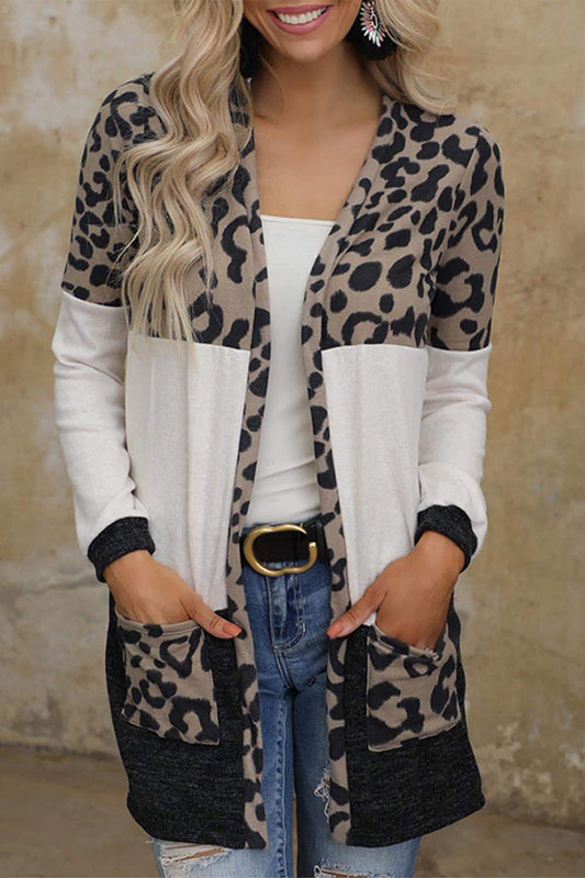 Leopard Block V Neck Cardigan With Pockets