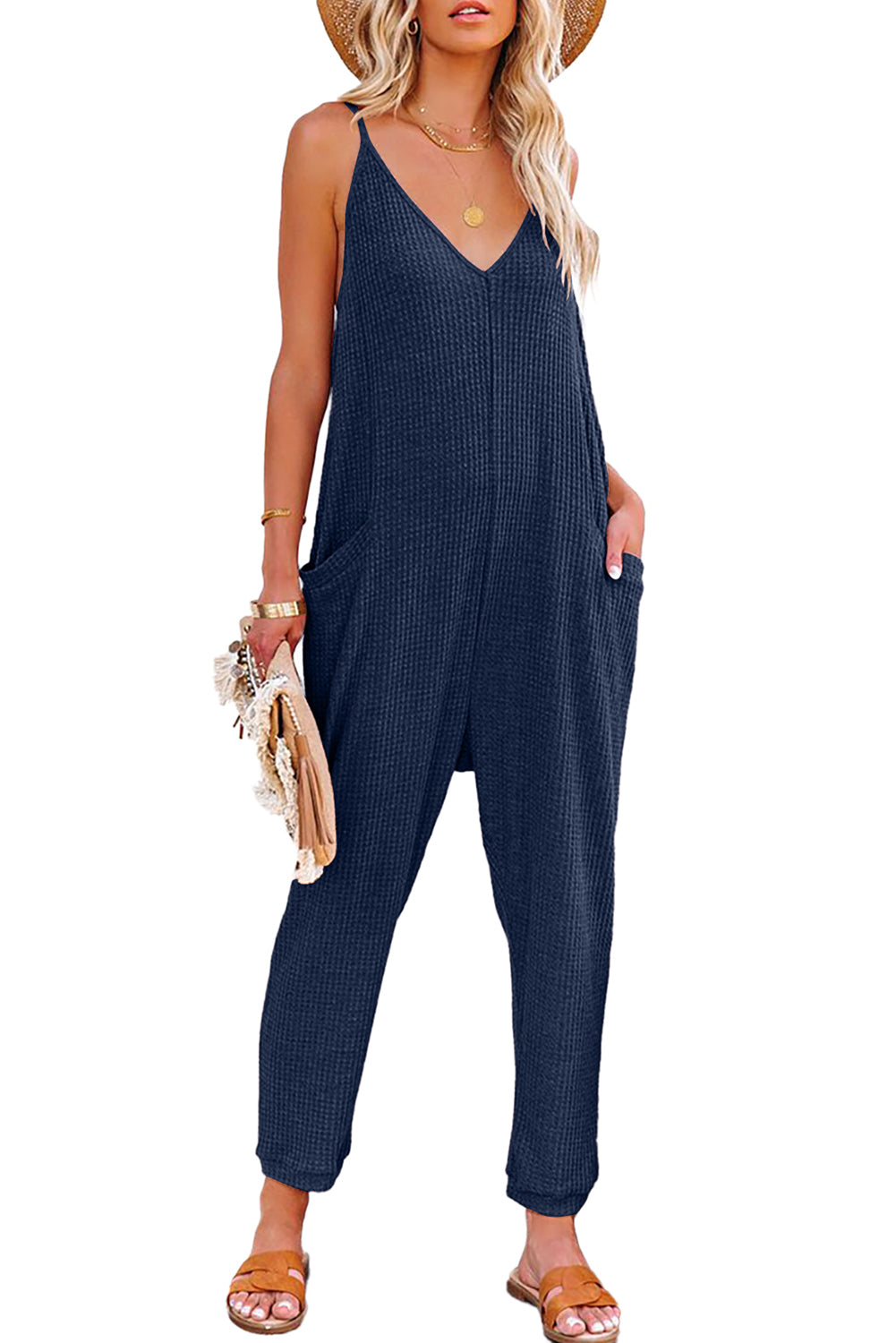 Black Textured Sleeveless V-Neck Pocketed Casual Jumpsuit