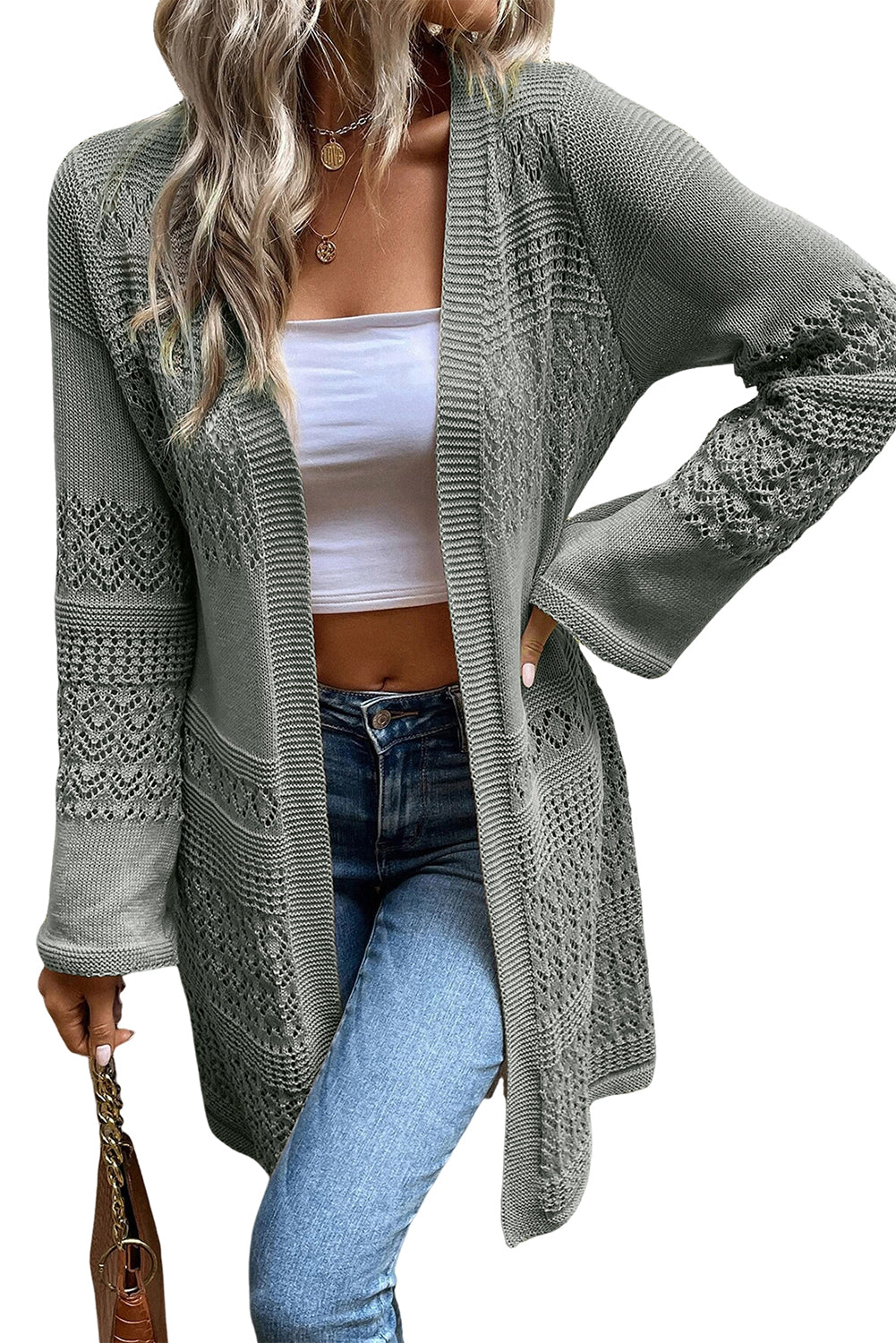 Khaki Pointelle Knit Open Front Long Cardigan