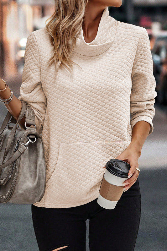 Apricot Quilted Draped High Neck Kangaroo Pocket Sweatshirt