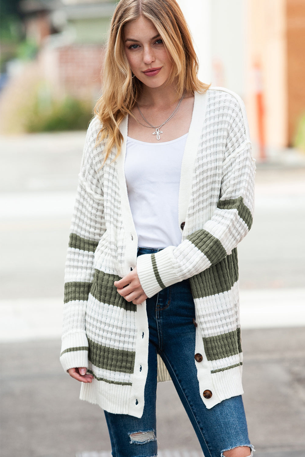 Black Striped Textured Knit Buttoned Cardigan