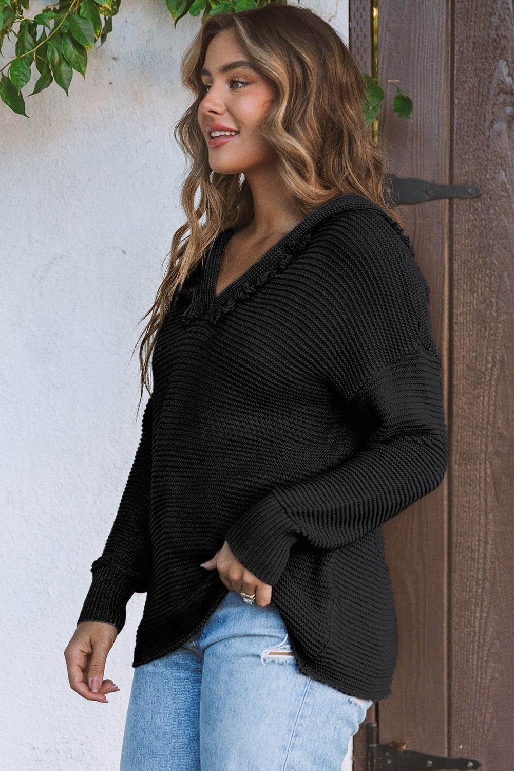 Black Split V Neck Pullover Knit Sweater Hoodie