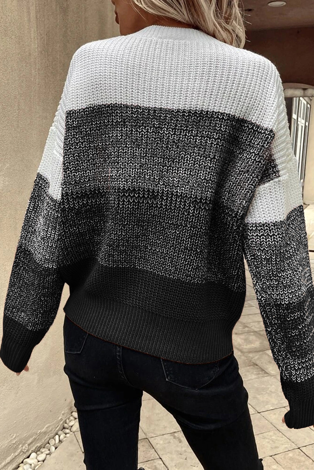 Brown Color Block Drop Shoulder Ribbed Trim Sweater