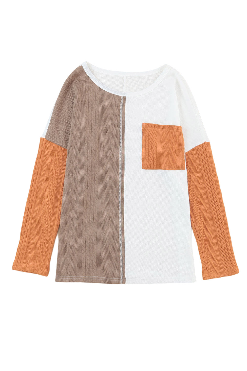 Peach Blossom Long Sleeve Patchwork Pocket Textured Knit Top