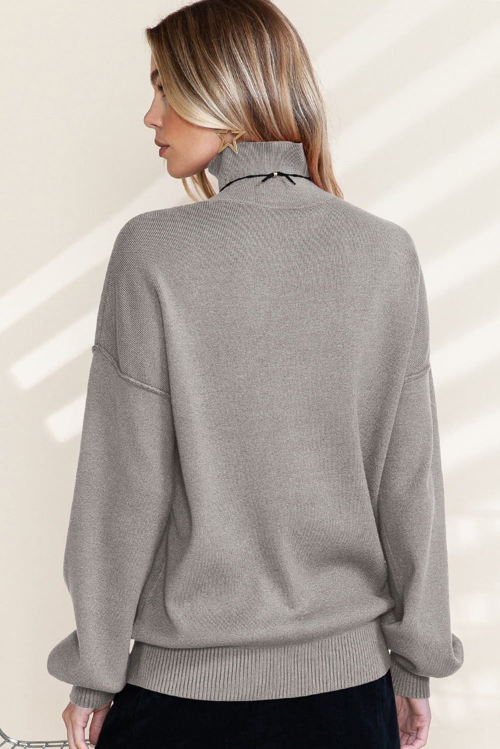 Gray Turtleneck Drop Shoulder Bubble Sleeve Knit Sweater