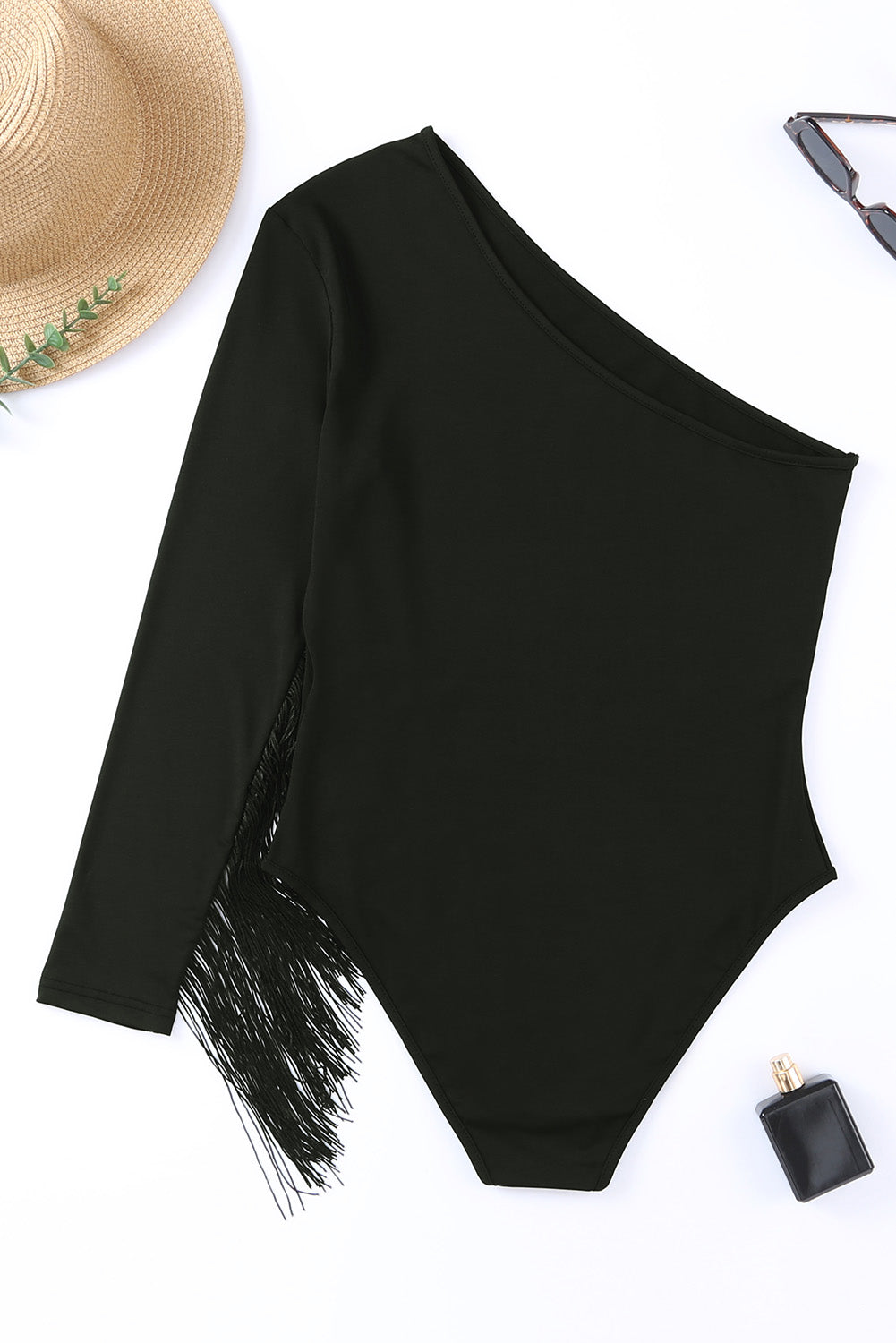 Black Casual Fringe One Shoulder Long Sleeve Bodysuit