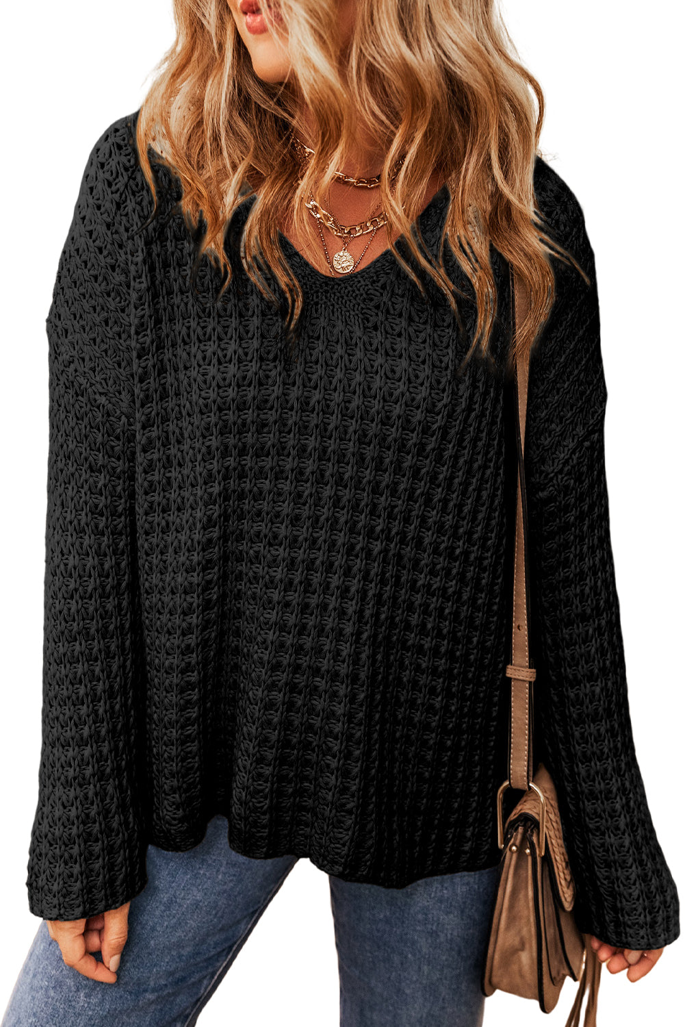 Black Knitted V Neck Loose Fit Sweater