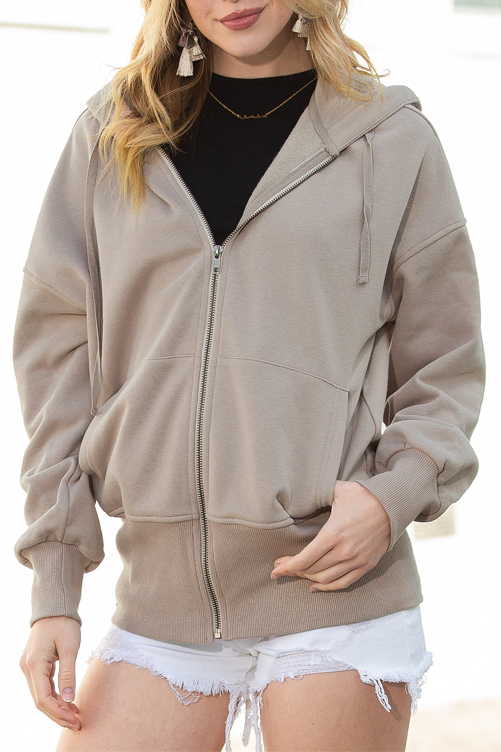 Brown Plain Pockets Zip Up Drawstring Hoodie