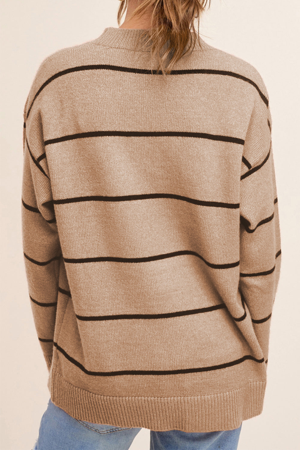 Brown Striped Ribbed Trim Contrast Knit Sweater