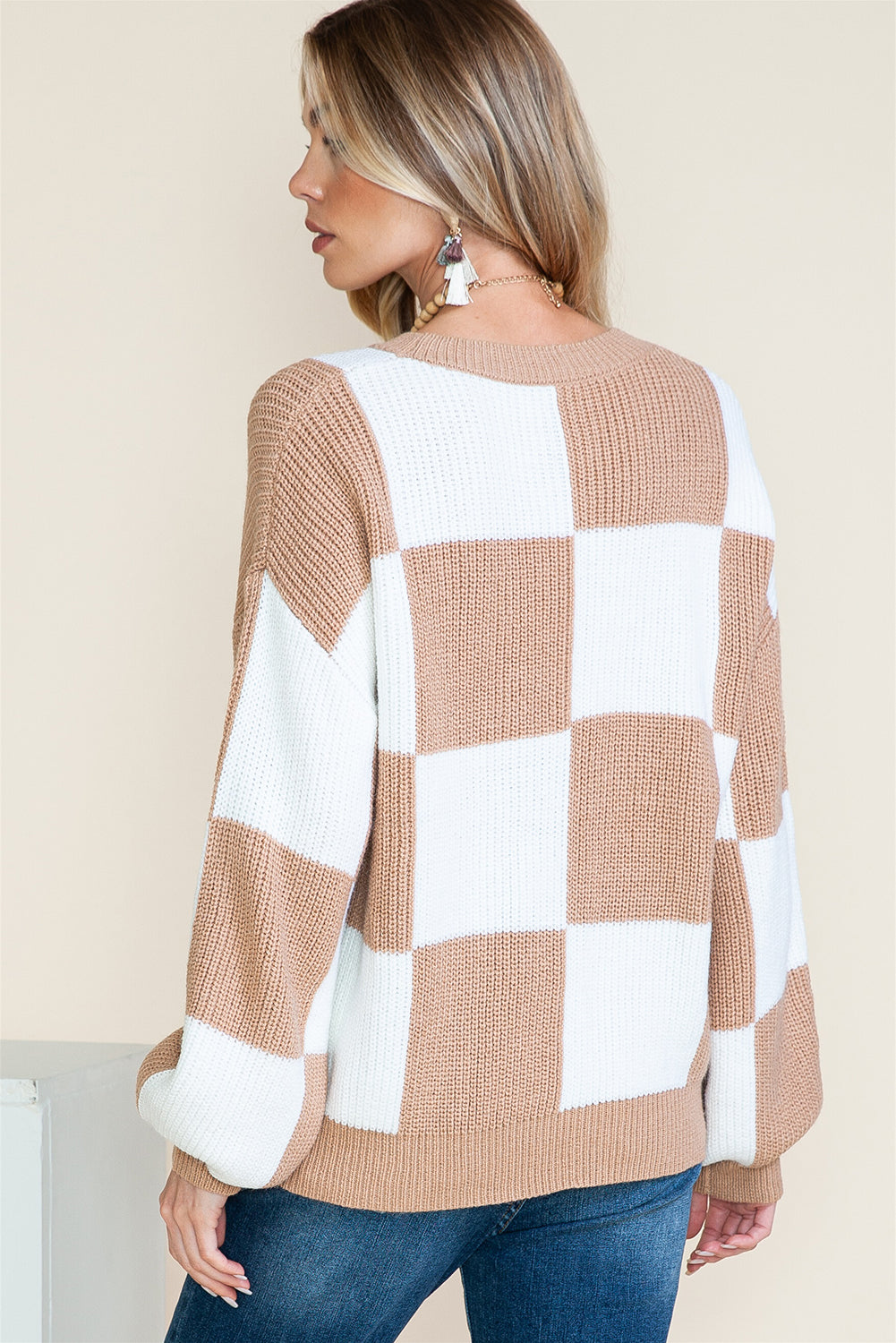 Smoke Gray Checkered Ribbed Knit Lantern Sleeve Sweater