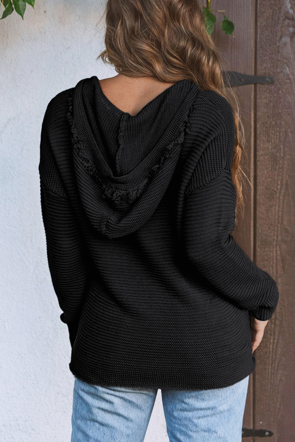 Black Split V Neck Pullover Knit Sweater Hoodie