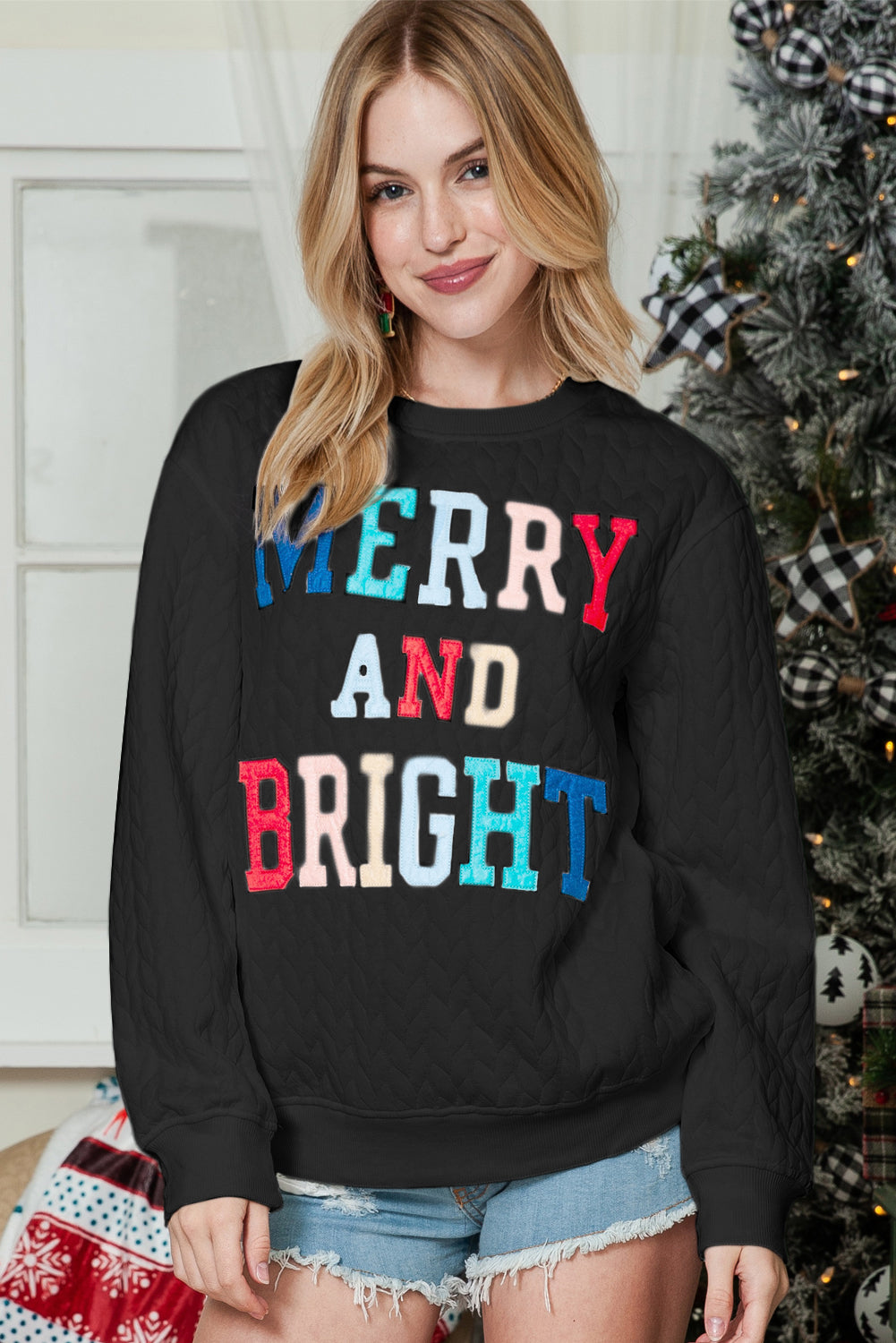 Black Merry and Bright Quilted Sweatshirt