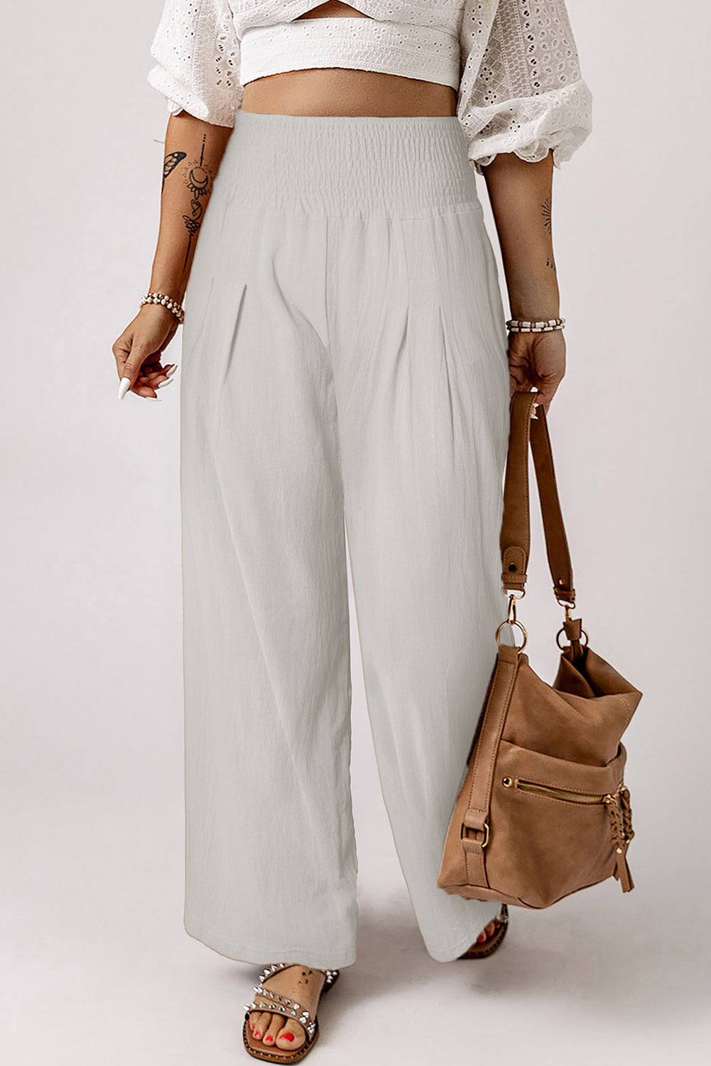 Gray Smocked Wide Waistband High Waist Wide Leg Pants