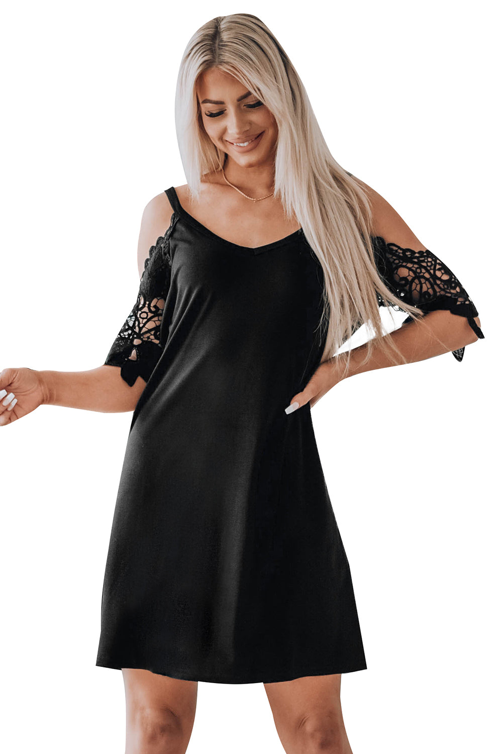 Black Casual Lace Splicing Cold Shoulder Short Dress