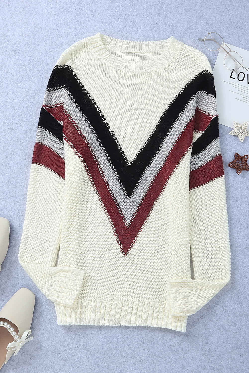 Chevron Striped Drop Shoulder Long Sleeve Pullover Sweater