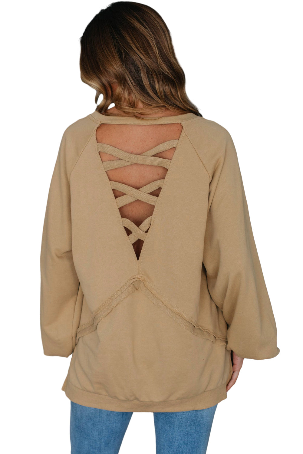 Flaxen Patchwork Crisscross Back Oversized Sweatshirt