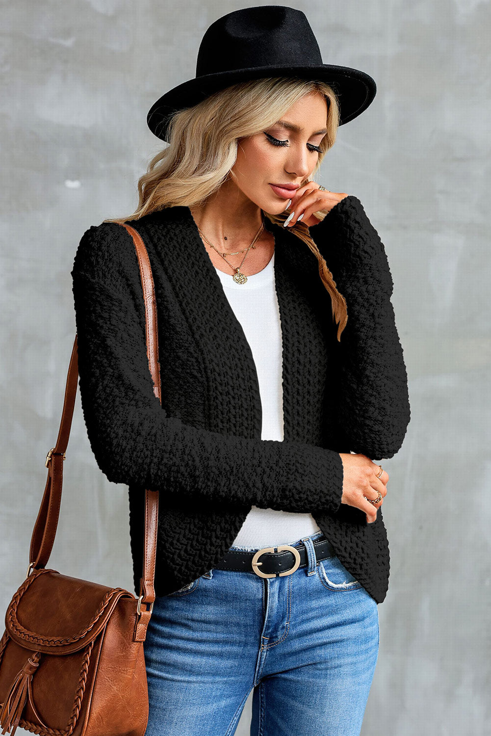 Gray Popcorn Knit Open Front Cardigan