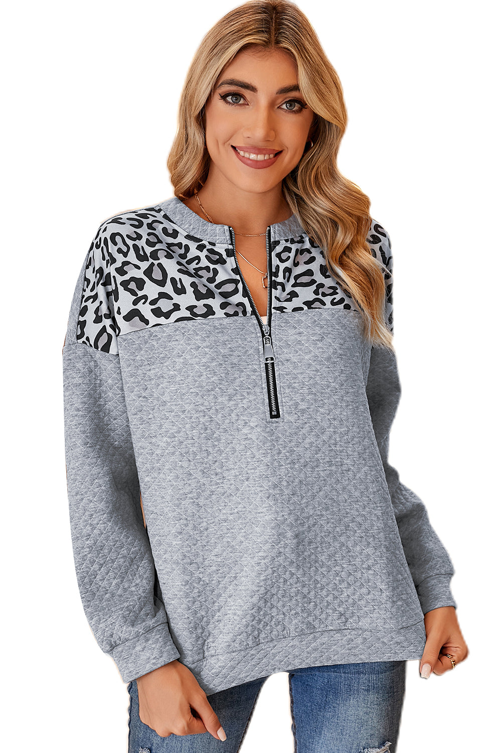 Apricot Leopard Quilted Drop Shoulder Half Zipped Sweatshirt