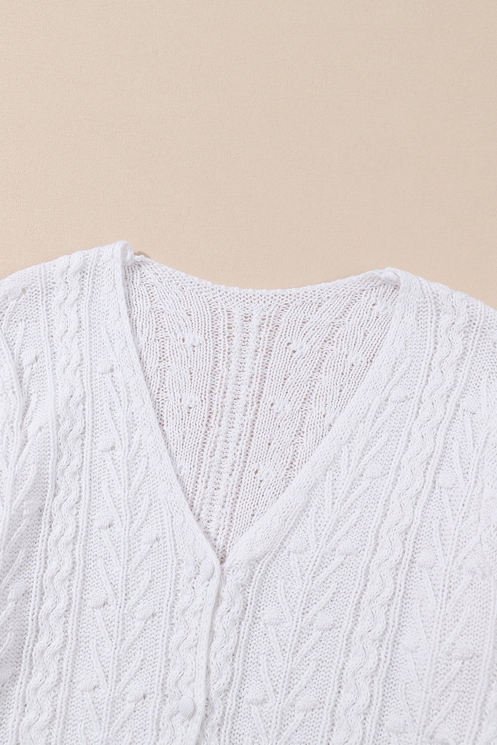 White Solid Cable Knit V Neck Puff Sleeve Cardigan