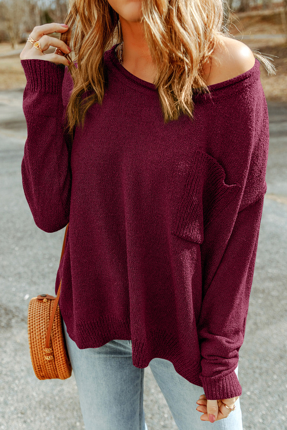 Red Solid Color Drop Shoulder Knitted Pullover Sweater