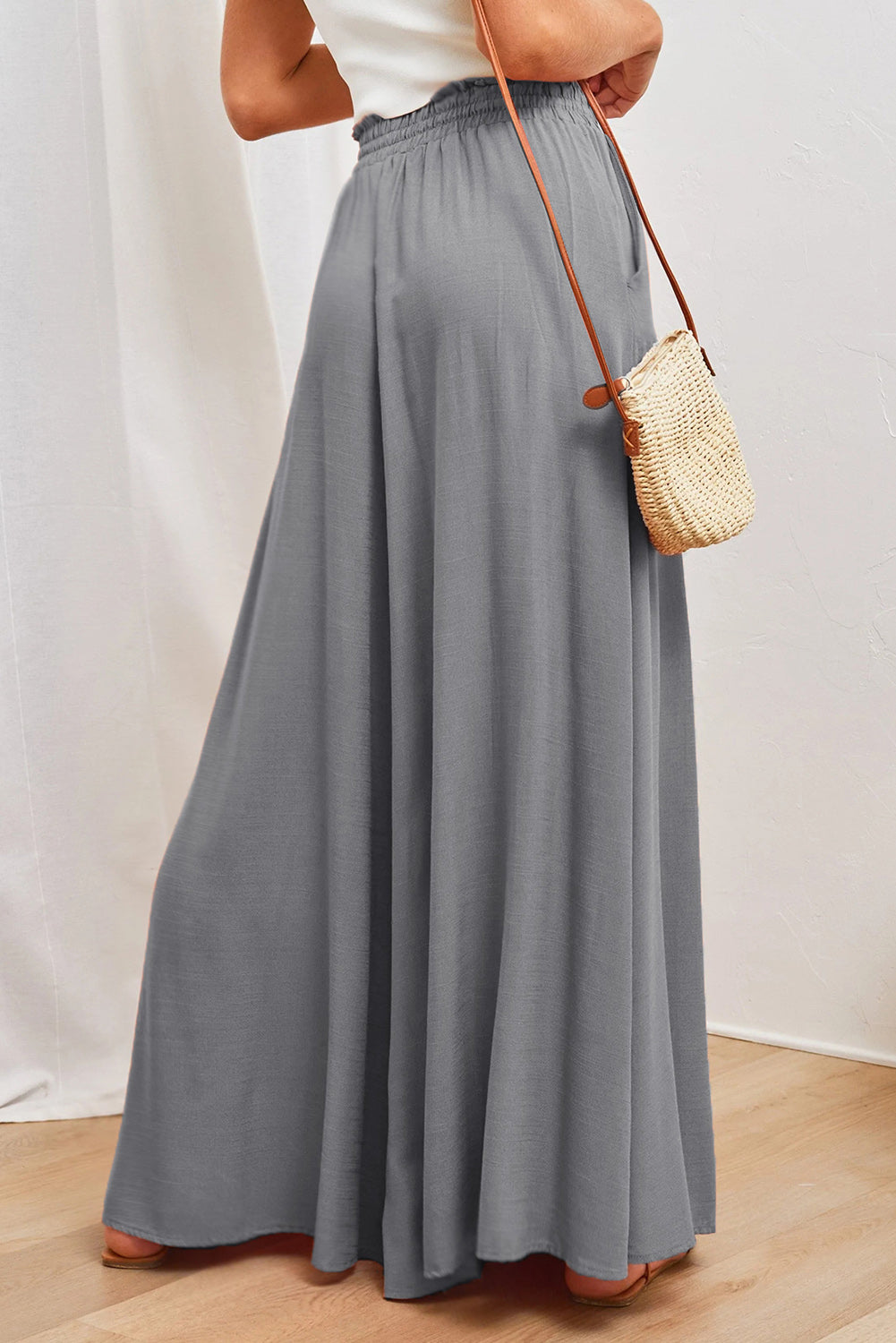 Gray Drawstring Smocked High Waist Wide Leg Pants