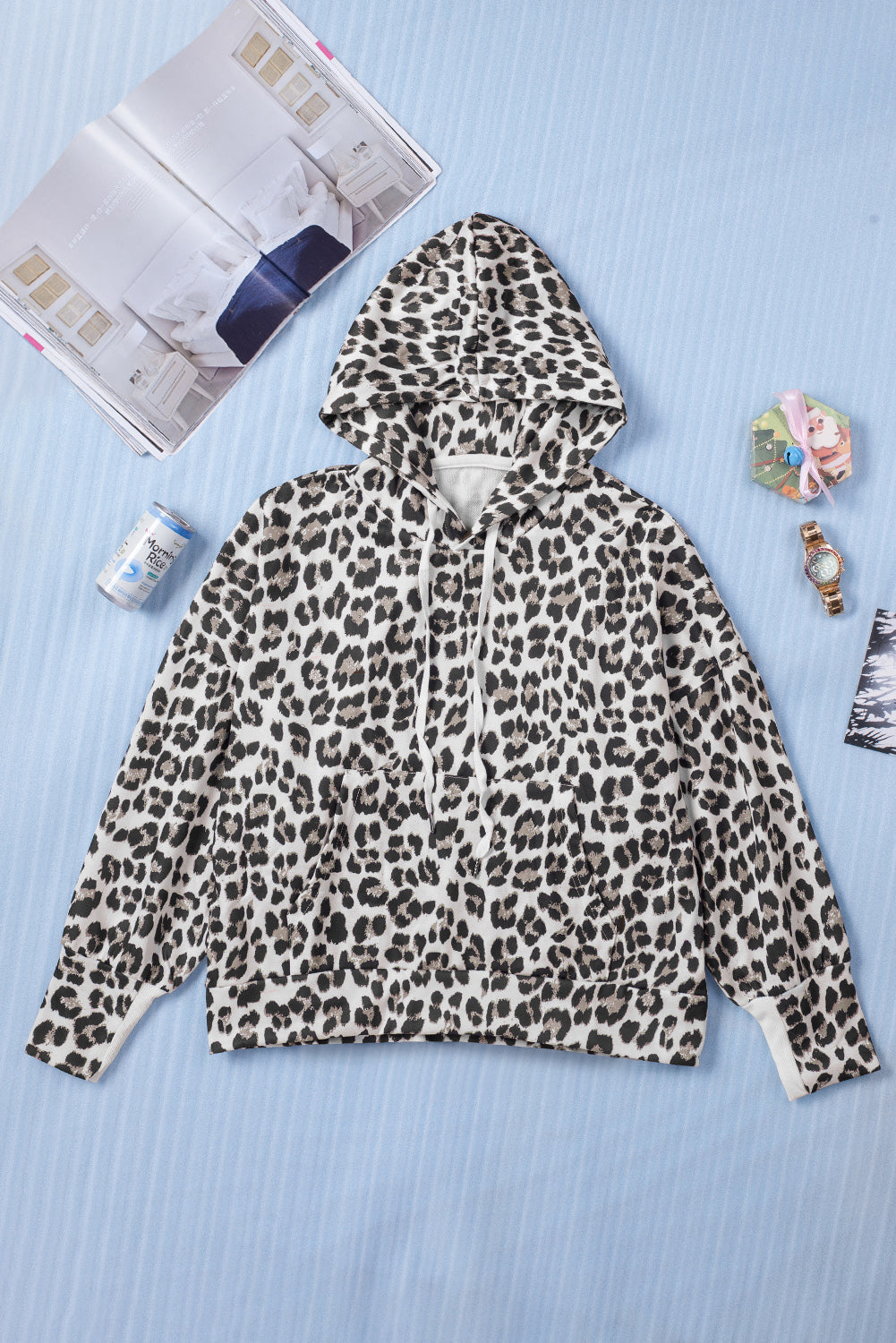 Leopard Print Kangaroo Pocket Long Sleeve Pullover Hoodie