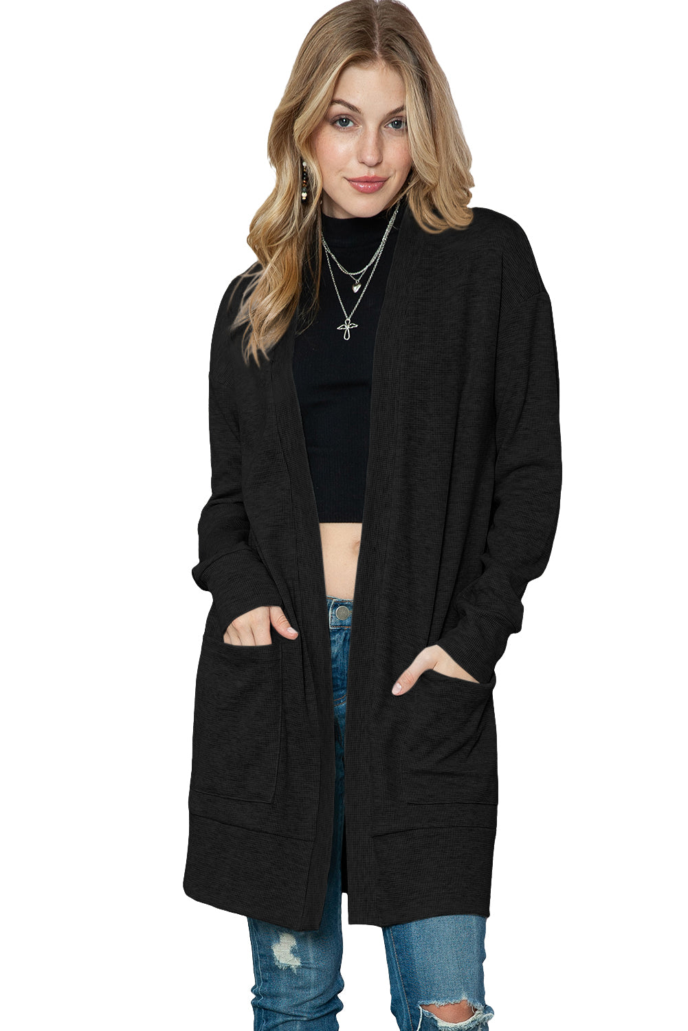 Black Ribbed Knit Pocketed Open Front Long Cardigan