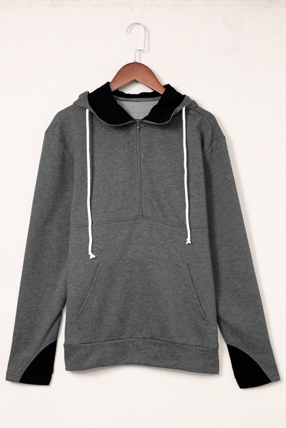 Grey Pocket Half Zip Thumbhole Sleeve Hoodie