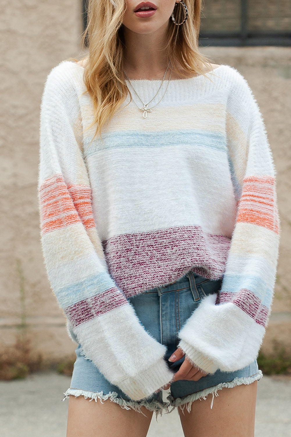 Multicolor Striped Drop Shoulder Fuzzy Sweater