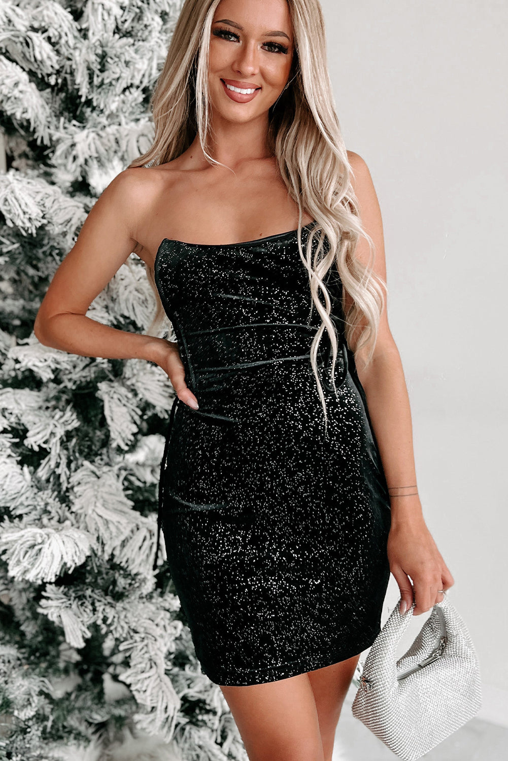 Black Velvet Sequin Lace Up Tube Mini Dress