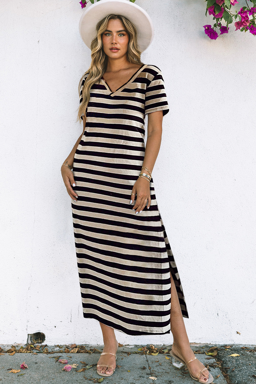 Black Casual Striped Print V Neck Side Split Maxi Dress