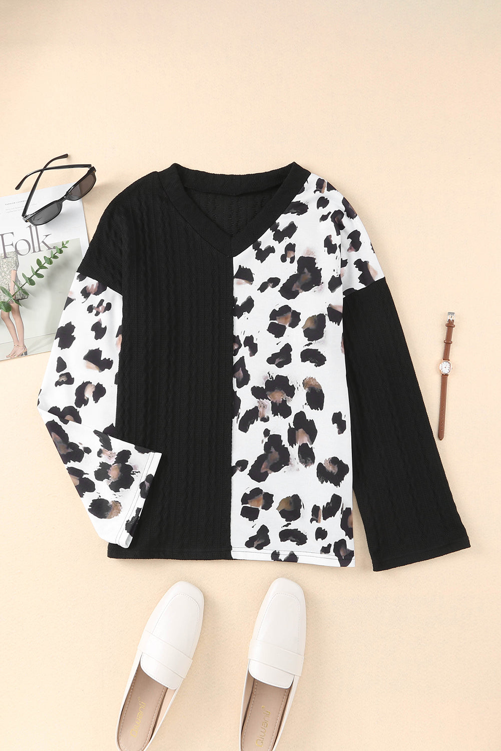 Black V Neck Leopard Colorblock Patchwork Long Sleeve Top