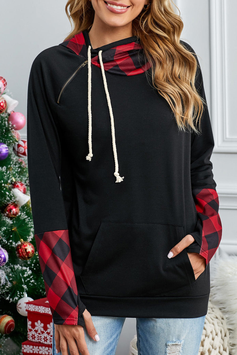 Black Raglan Sleeve Pullover Hoodie With Kangaroo Pocket