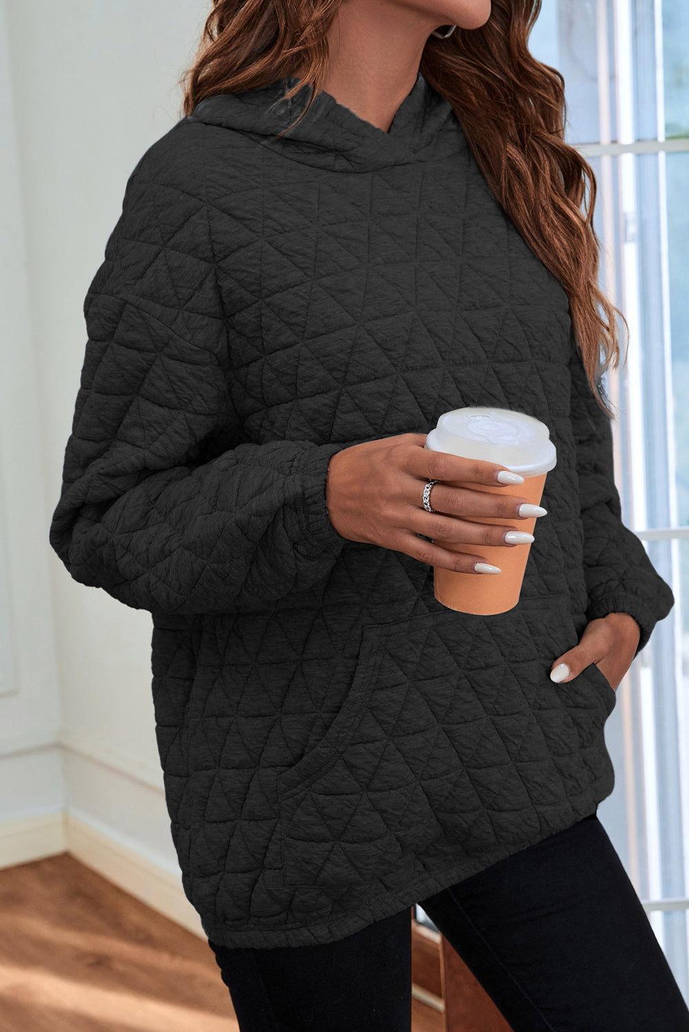 Light Grey Thermal Quilted Kangaroo Pocket Hoodie