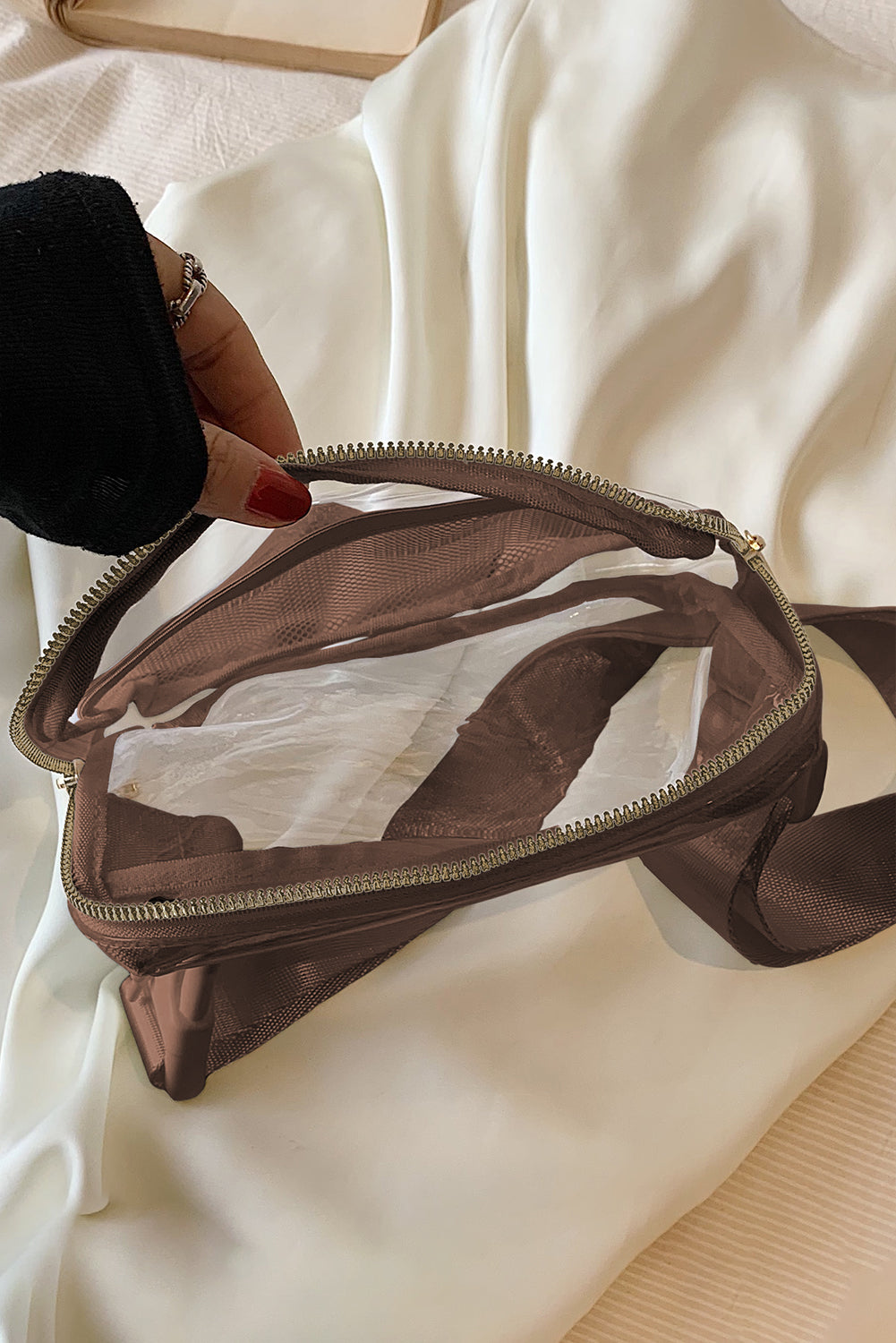 Brown Adjustable Straps Zipper Clear Waist Bag