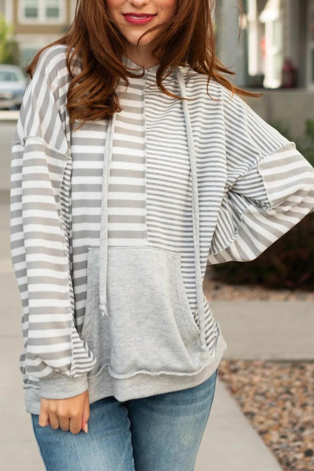 Gray Striped Patchwork Kangaroo Pocket Hoodie