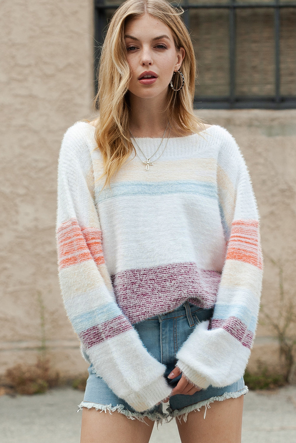 Multicolor Striped Drop Shoulder Fuzzy Sweater